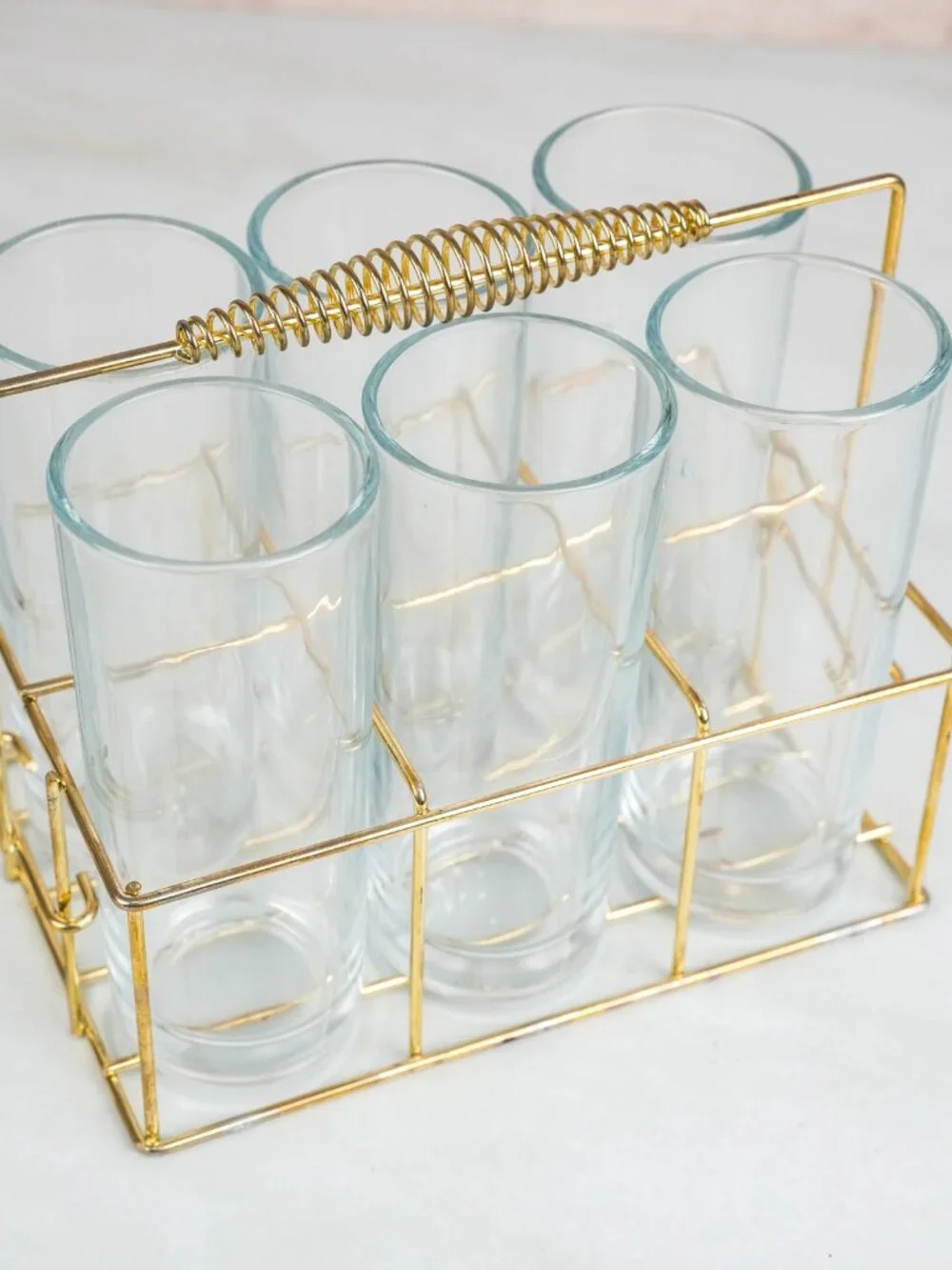 Gold Wire Drink Caddy With Glasses 6 Piece Set